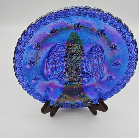 FENTON COBALT BLUE CARNIVAL GLASS PLATE BICENTENNIAL 1776-1976 AMERICAN EAGLE - Picture 6 of 7